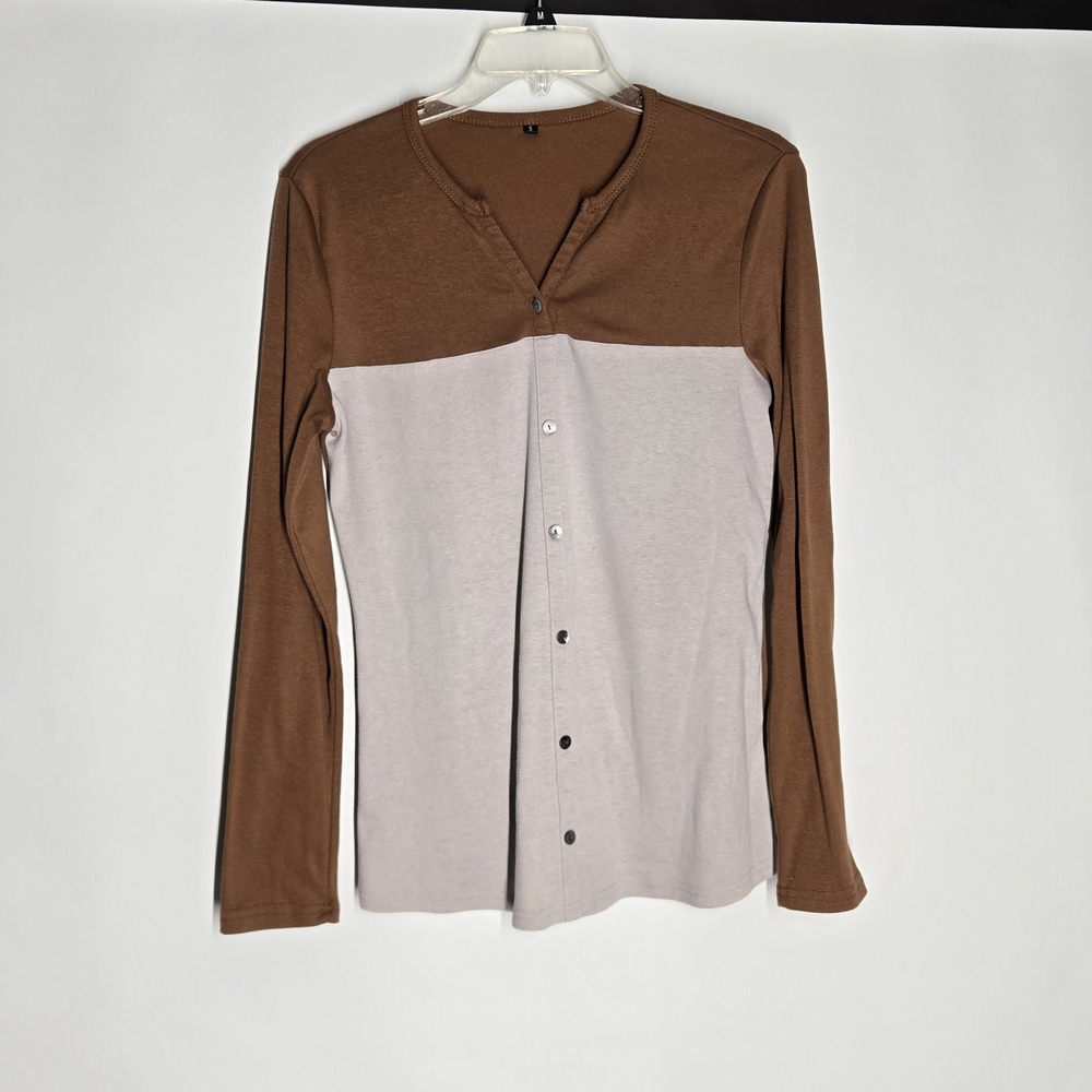 Brown and Cream Long Sleeve Tee with Color-Block Design